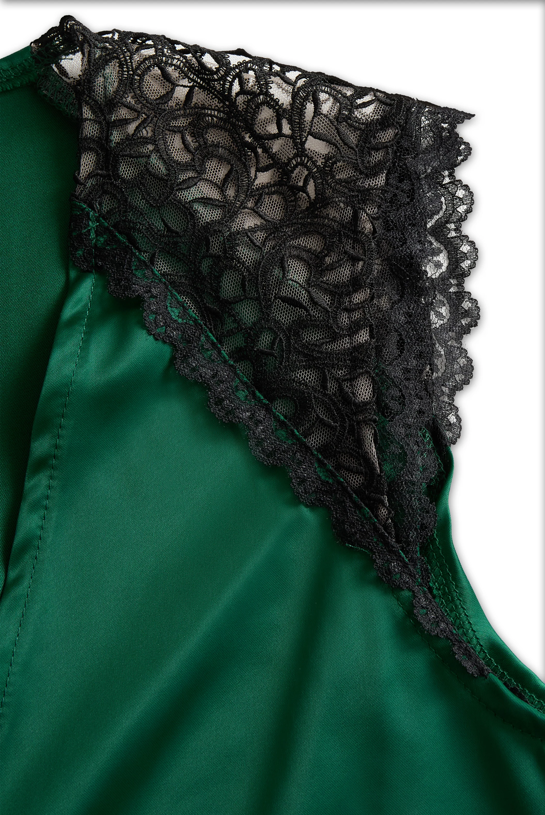 Deep V-Neck Satin Blouse with Lace Details - Emerald Allure - Image 3