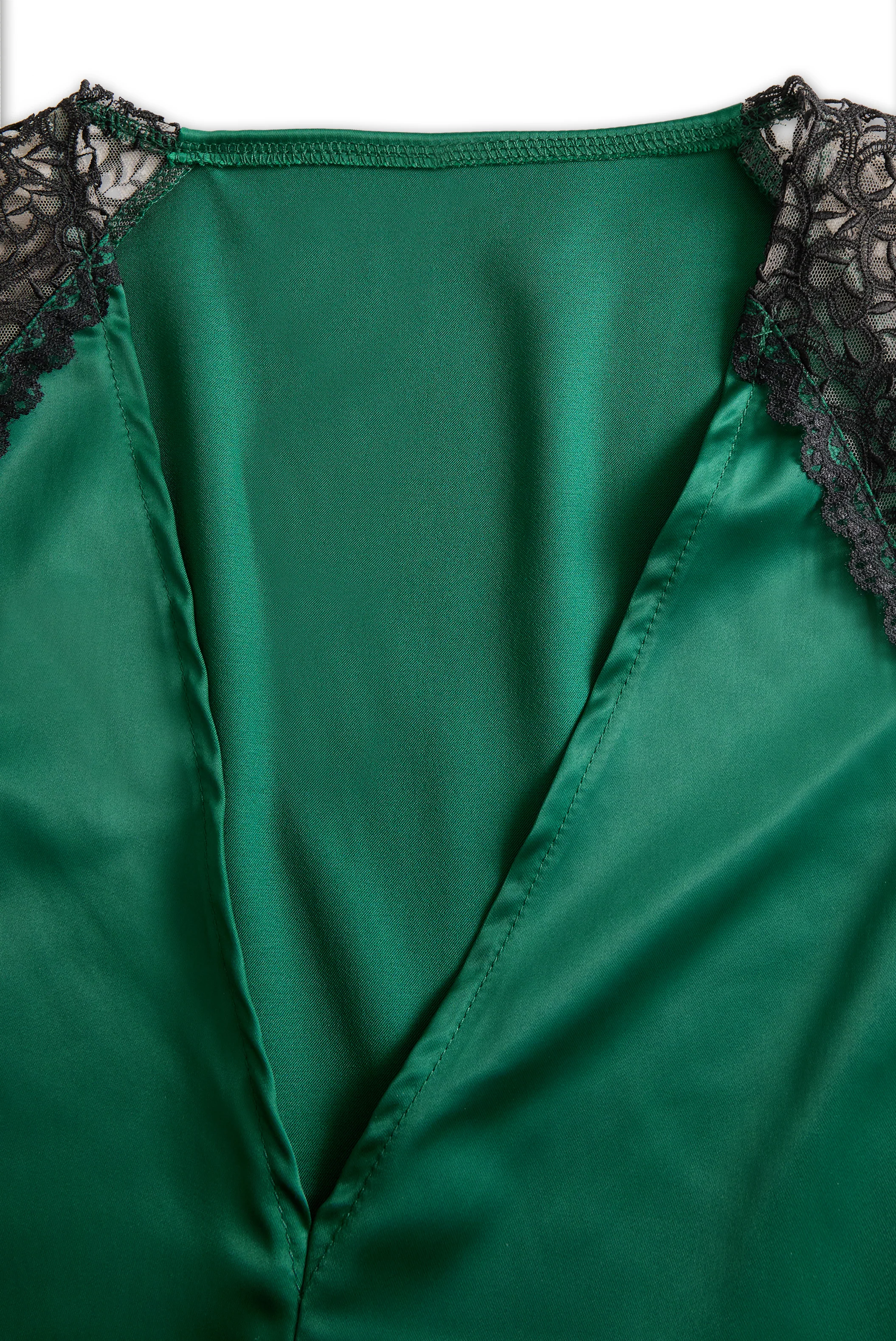 Deep V-Neck Satin Blouse with Lace Details - Emerald Allure - Image 4