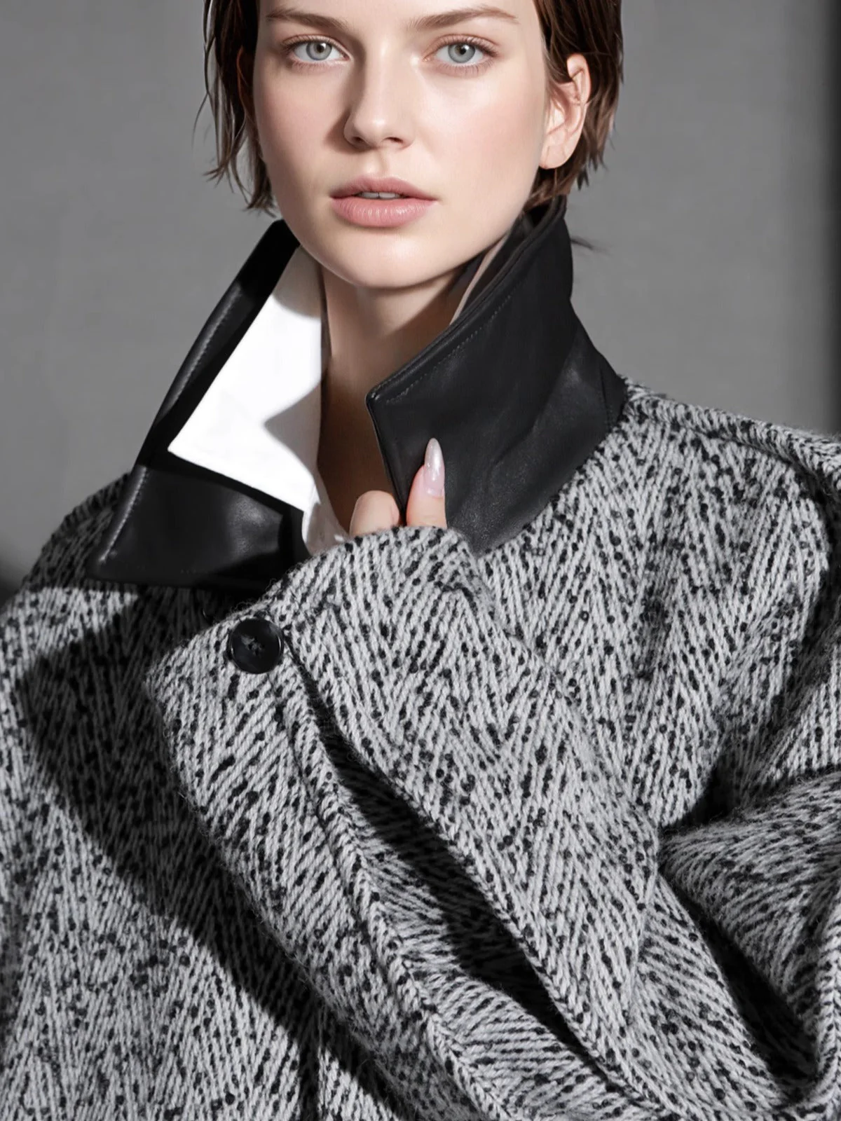 Designer Wool Coat for Women – Double-Faced Herringbone Snowflake Pattern Short Jacket with Leather Collar, Korean Style Winter Outerwear - Image 6