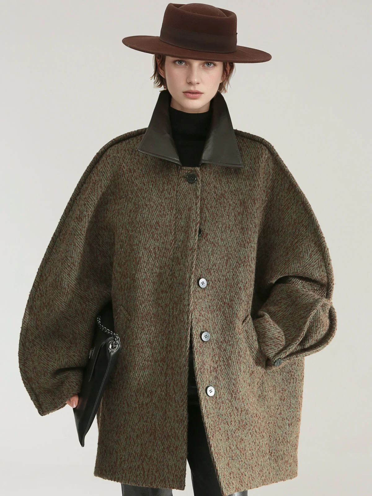 Designer Wool Coat for Women – Double-Faced Herringbone Snowflake Pattern Short Jacket with Leather Collar, Korean Style Winter Outerwear - Image 8