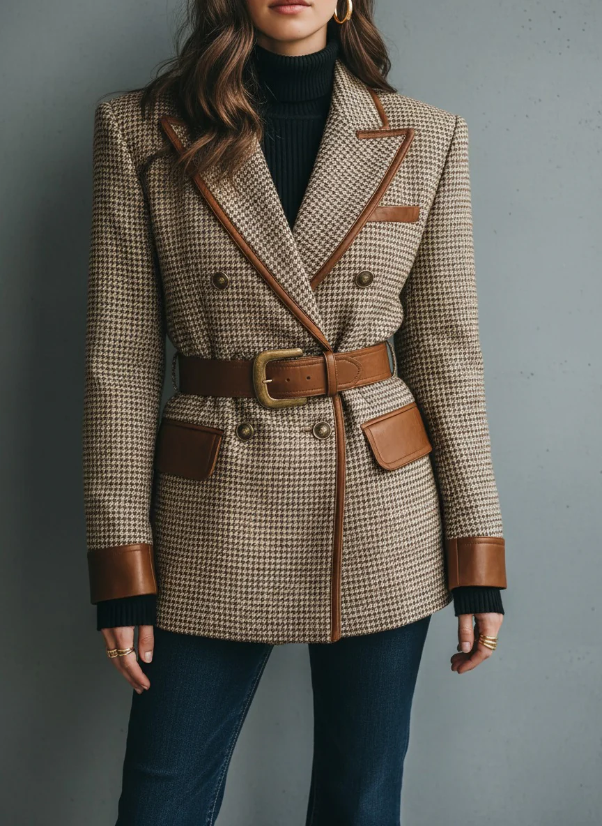 Double-Breasted Houndstooth blazer with Brown Leather Trim