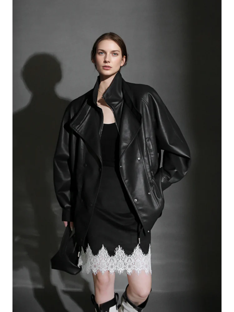 Double-Layer Collar Lambskin Leather Jacket – Chic and Bold Women’s Premium Leather Outerwear, Unique Design - Image 2