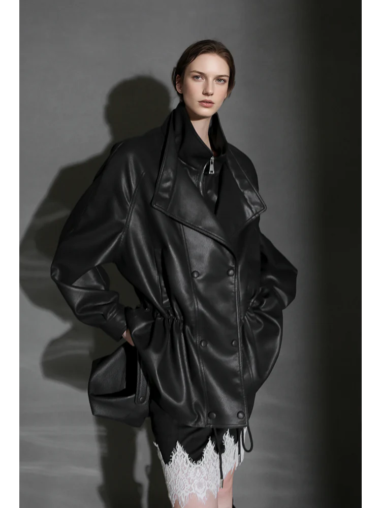 Double-Layer Collar Lambskin Leather Jacket – Chic and Bold Women’s Premium Leather Outerwear, Unique Design - Image 3