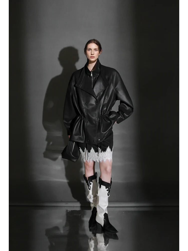 Double-Layer Collar Lambskin Leather Jacket – Chic and Bold Women’s Premium Leather Outerwear, Unique Design - Image 4
