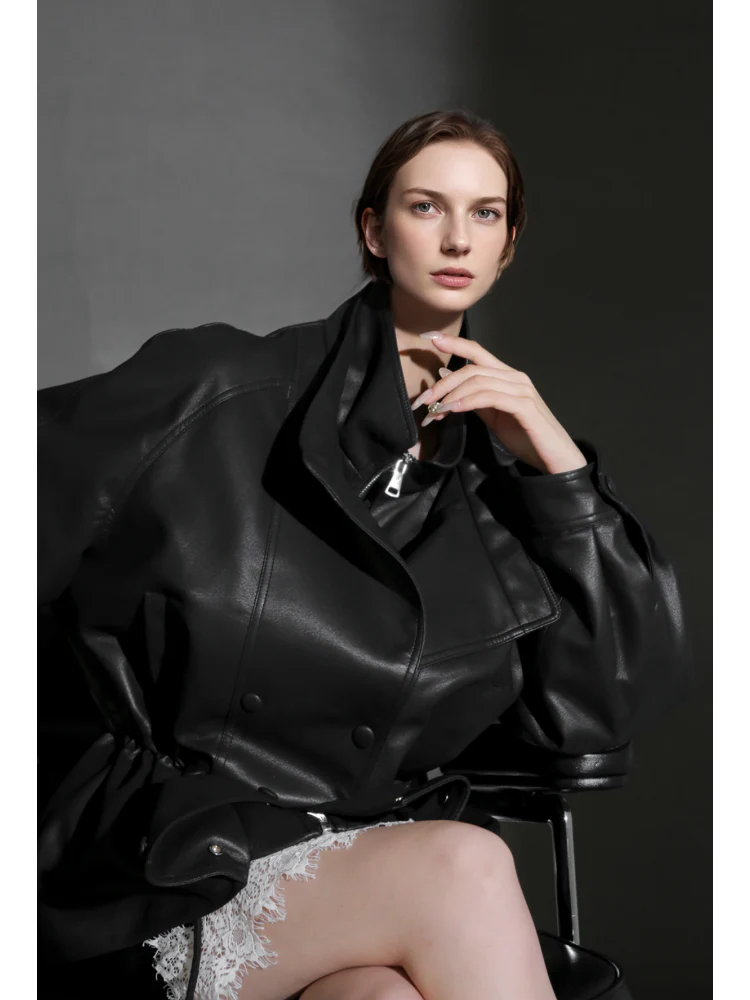 Double-Layer Collar Lambskin Leather Jacket – Chic and Bold Women’s Premium Leather Outerwear, Unique Design - Image 5