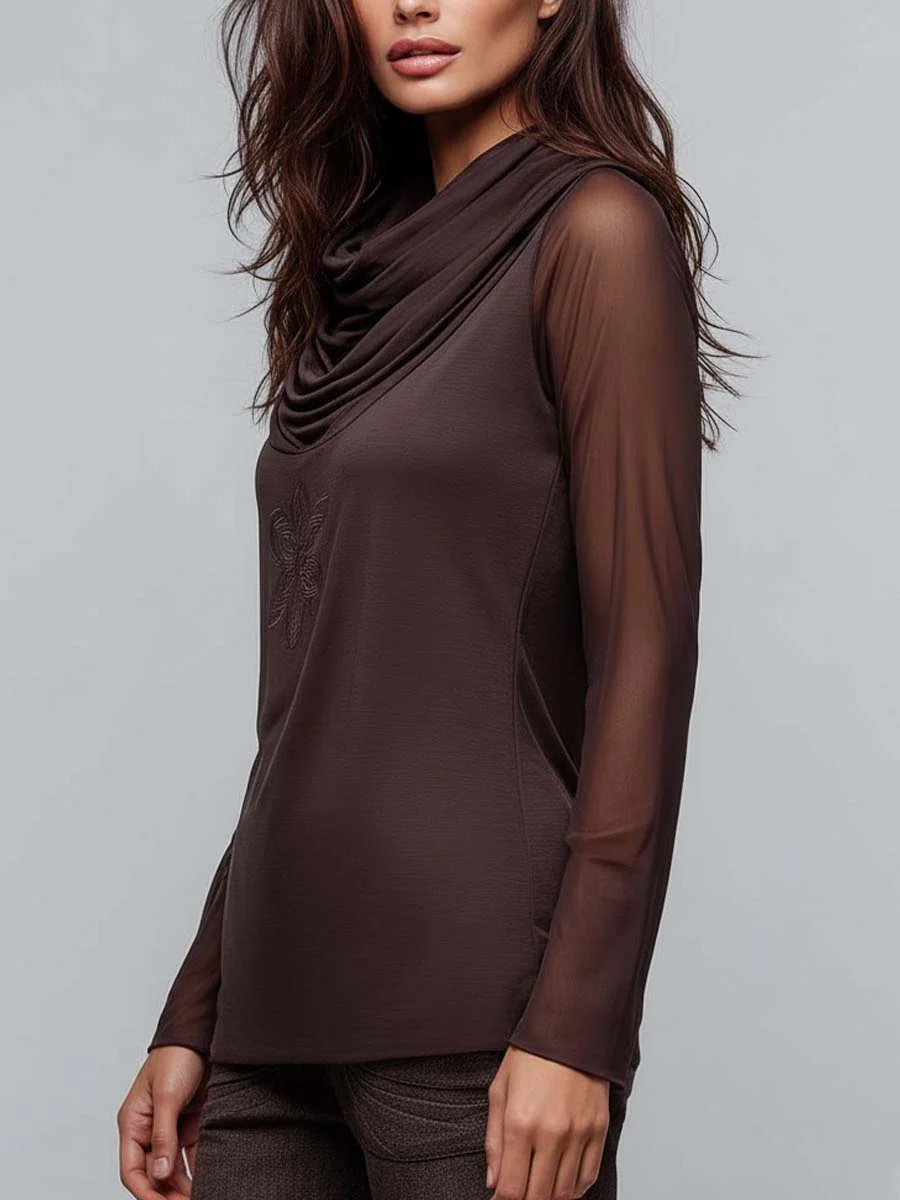 Draped Cowl-Neck Top With Sheer Mesh Sleeves And Embroidered Motif - Image 2