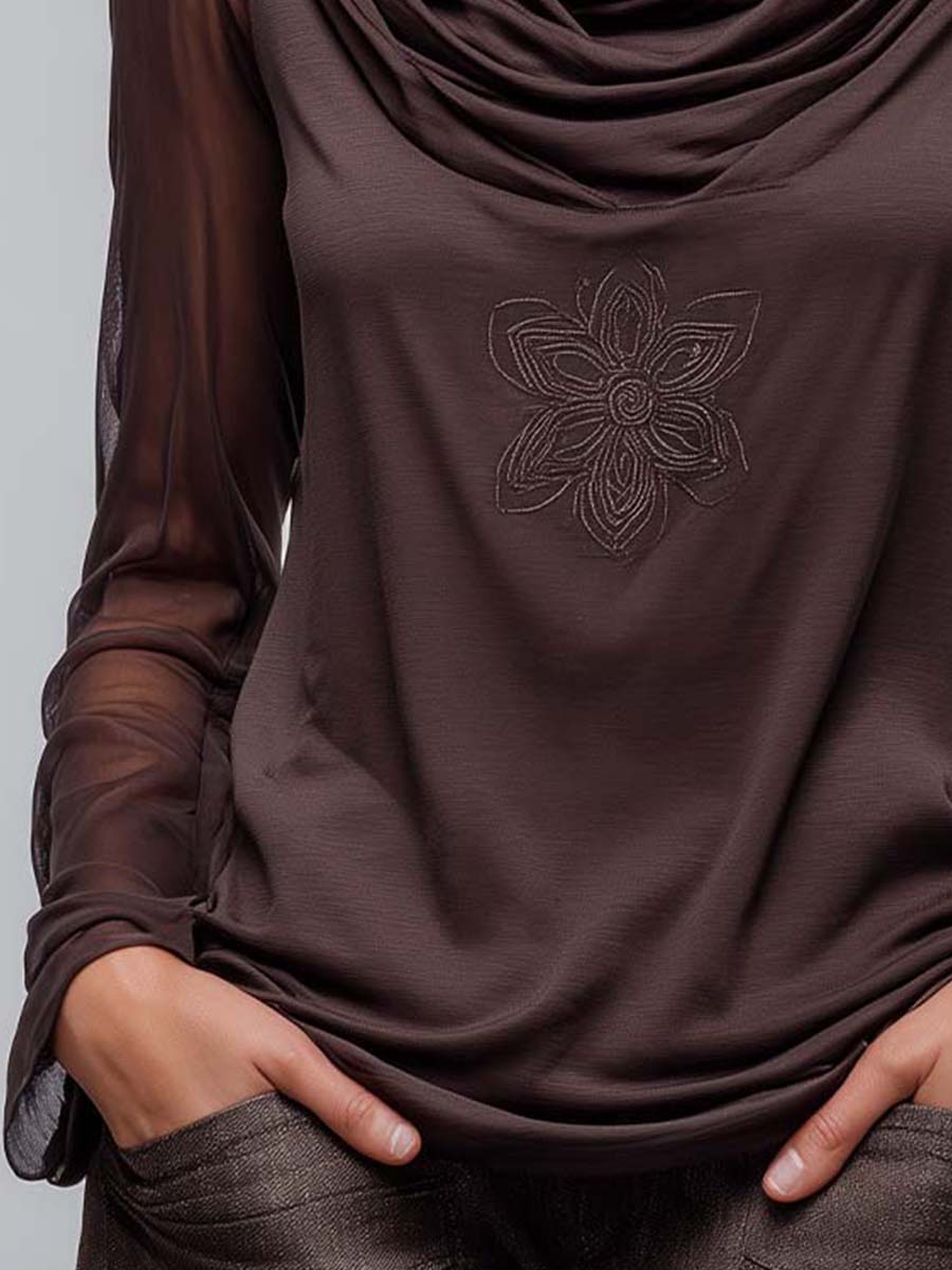 Draped Cowl-Neck Top With Sheer Mesh Sleeves And Embroidered Motif - Image 4