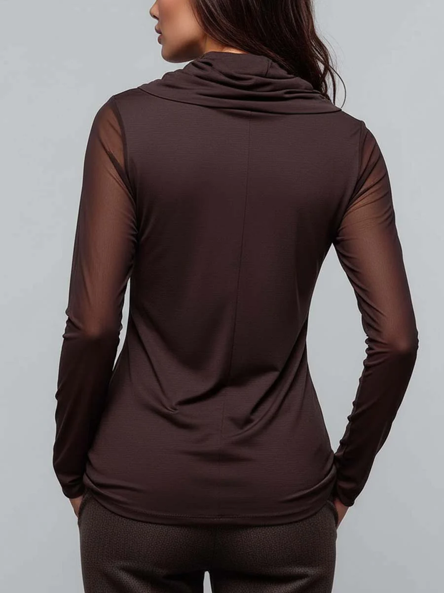 Draped Cowl-Neck Top With Sheer Mesh Sleeves And Embroidered Motif - Image 7