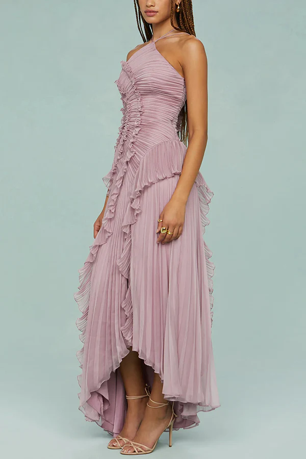Dream Ode Lily Pad Style Pleats and Ruffles Halter Gown Maxi Dress - Image 10