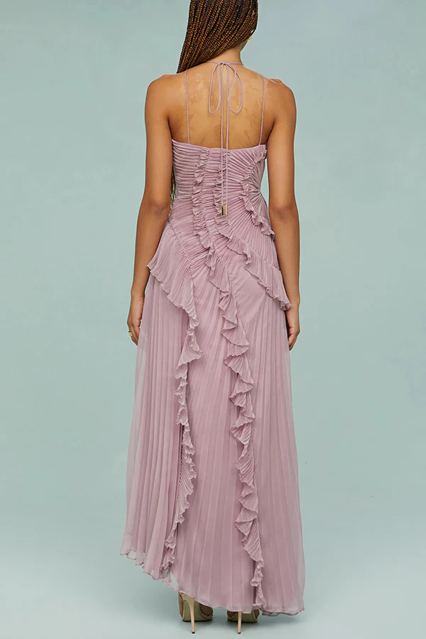 Dream Ode Lily Pad Style Pleats and Ruffles Halter Gown Maxi Dress - Image 2