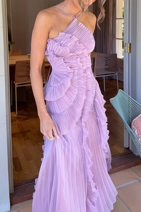 Dream Ode Lily Pad Style Pleats and Ruffles Halter Gown Maxi Dress - Image 3