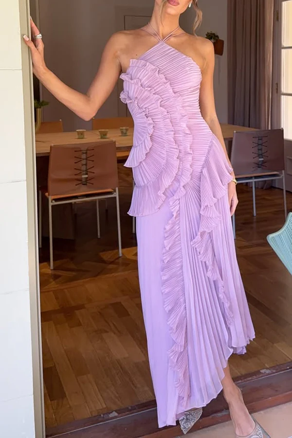 Dream Ode Lily Pad Style Pleats and Ruffles Halter Gown Maxi Dress - Image 4