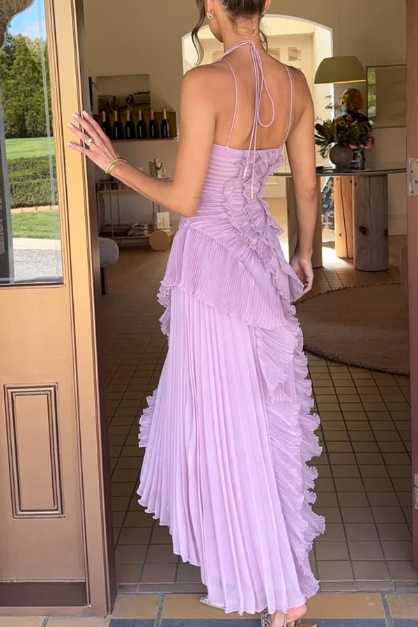 Dream Ode Lily Pad Style Pleats and Ruffles Halter Gown Maxi Dress - Image 5