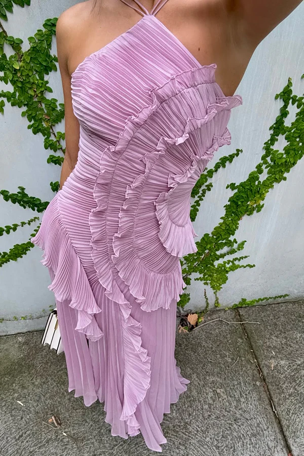 Dream Ode Lily Pad Style Pleats and Ruffles Halter Gown Maxi Dress - Image 6
