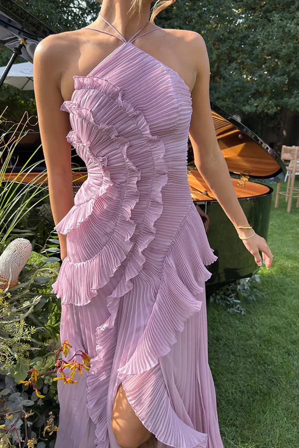 Dream Ode Lily Pad Style Pleats and Ruffles Halter Gown Maxi Dress - Image 7
