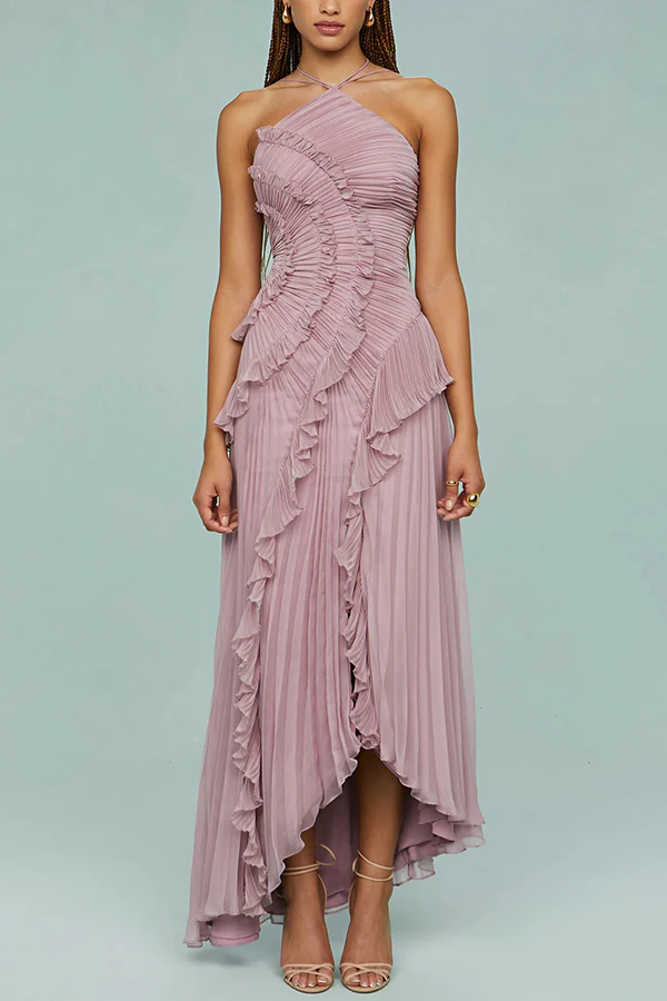 Dream Ode Lily Pad Style Pleats and Ruffles Halter Gown Maxi Dress - Image 8