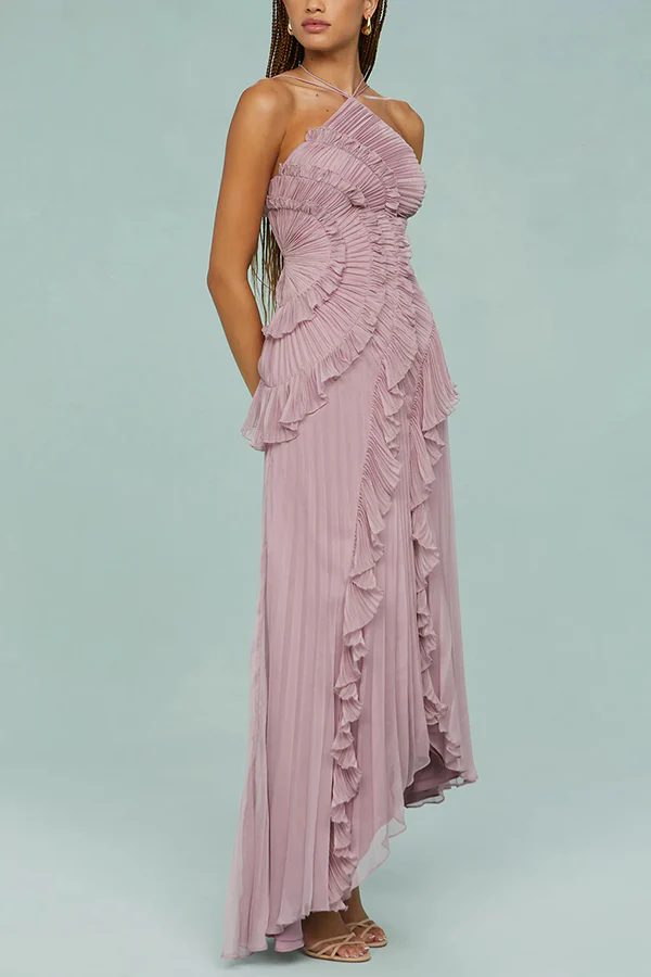 Dream Ode Lily Pad Style Pleats and Ruffles Halter Gown Maxi Dress - Image 9