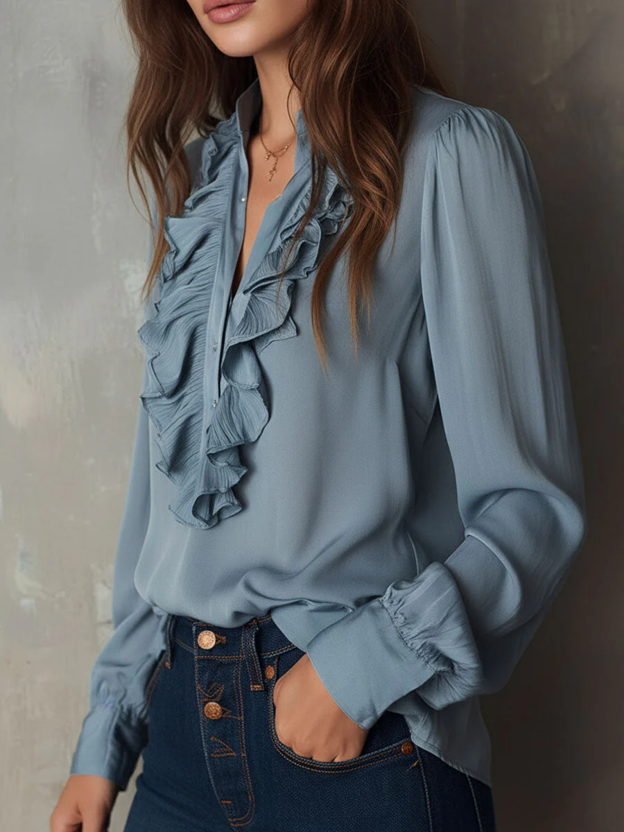 Dusty Blue Ruffle Front V-Neck Button Chiffon Blouse - Image 3