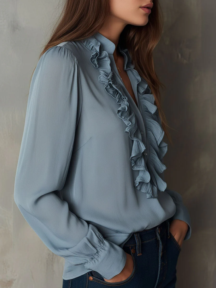 Dusty Blue Ruffle Front V-Neck Button Chiffon Blouse - Image 4