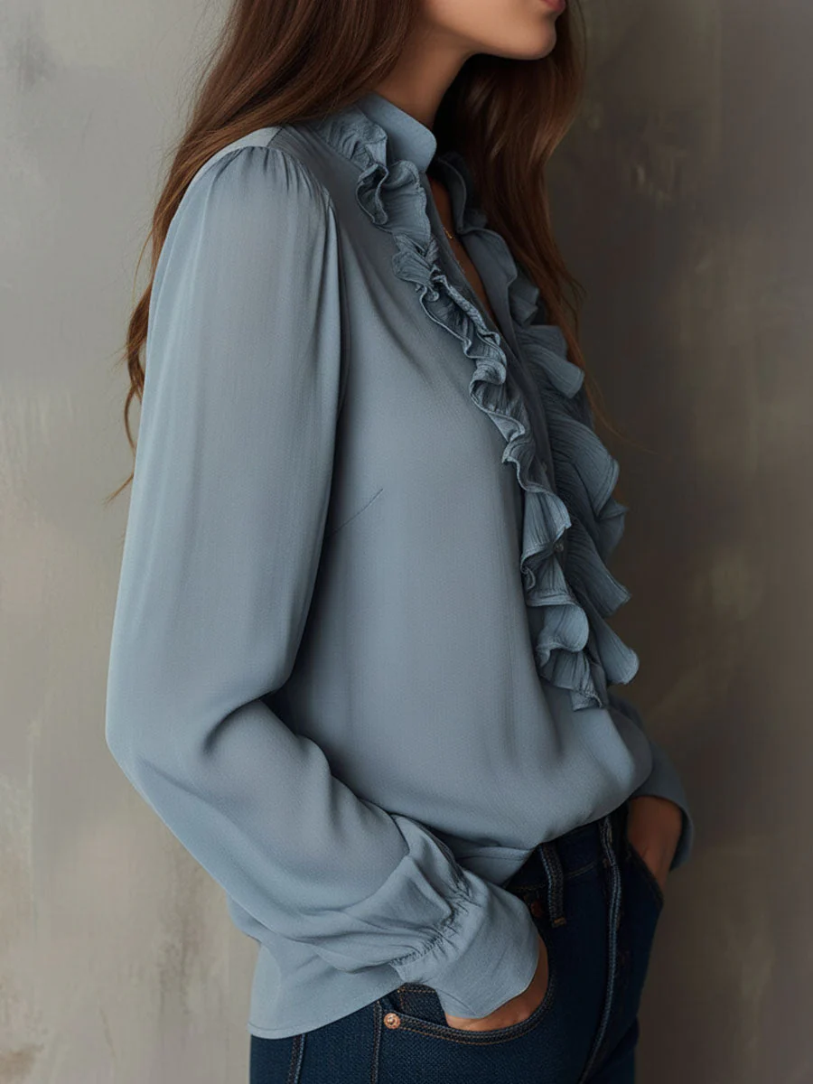 Dusty Blue Ruffle Front V-Neck Button Chiffon Blouse - Image 5