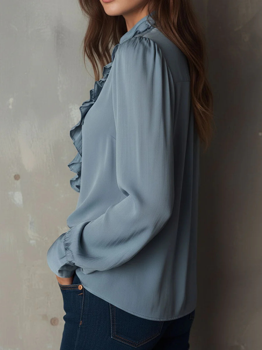 Dusty Blue Ruffle Front V-Neck Button Chiffon Blouse - Image 6