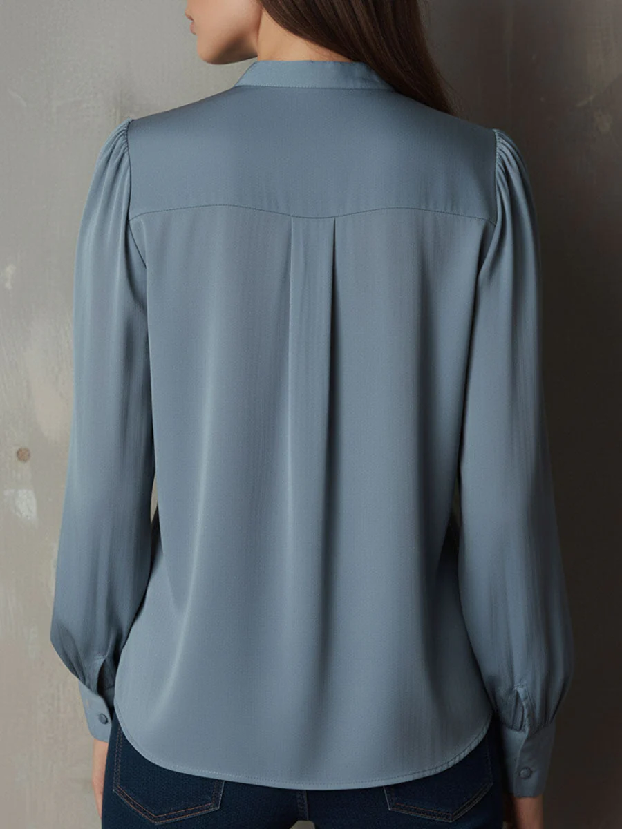 Dusty Blue Ruffle Front V-Neck Button Chiffon Blouse - Image 7
