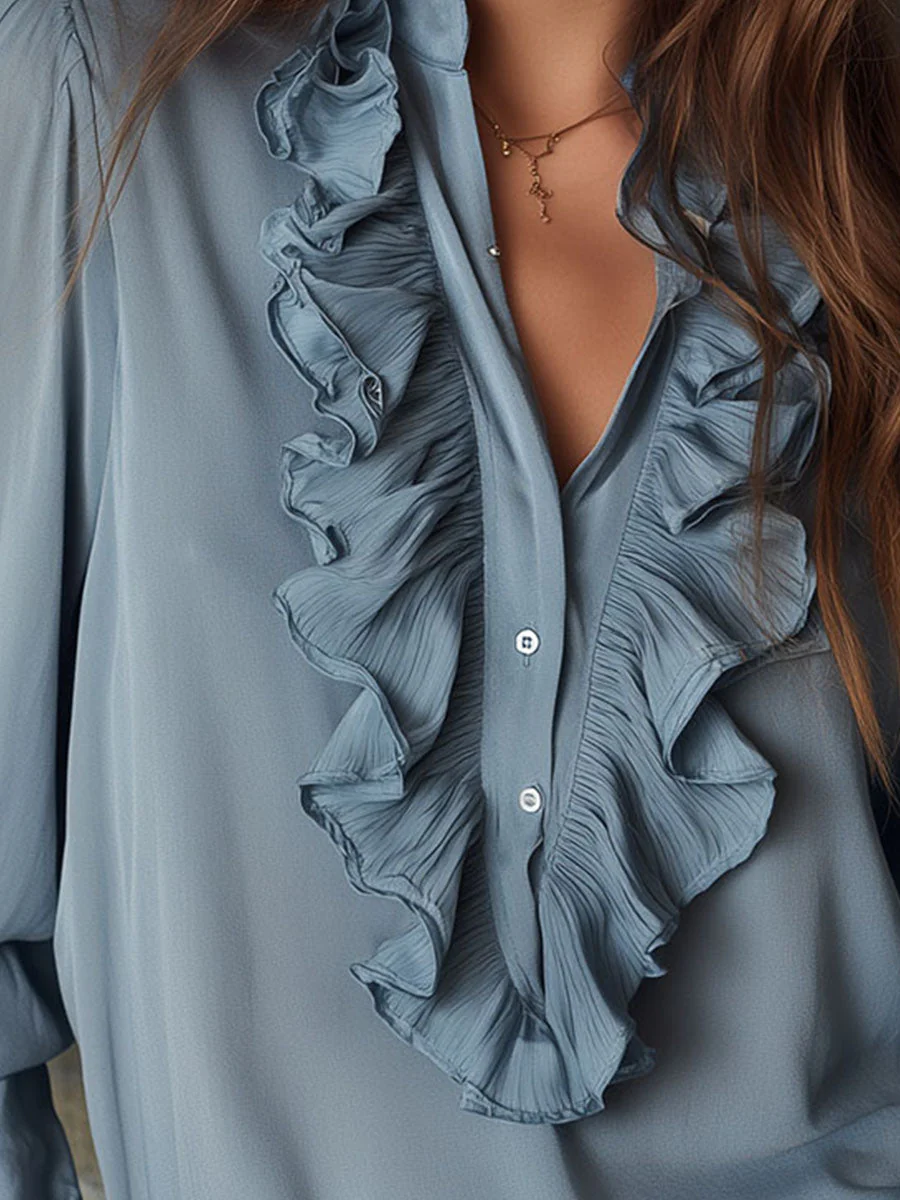 Dusty Blue Ruffle Front V-Neck Button Chiffon Blouse - Image 8