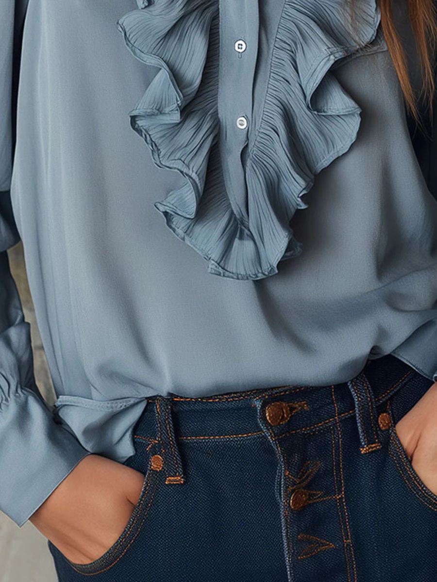 Dusty Blue Ruffle Front V-Neck Button Chiffon Blouse - Image 9