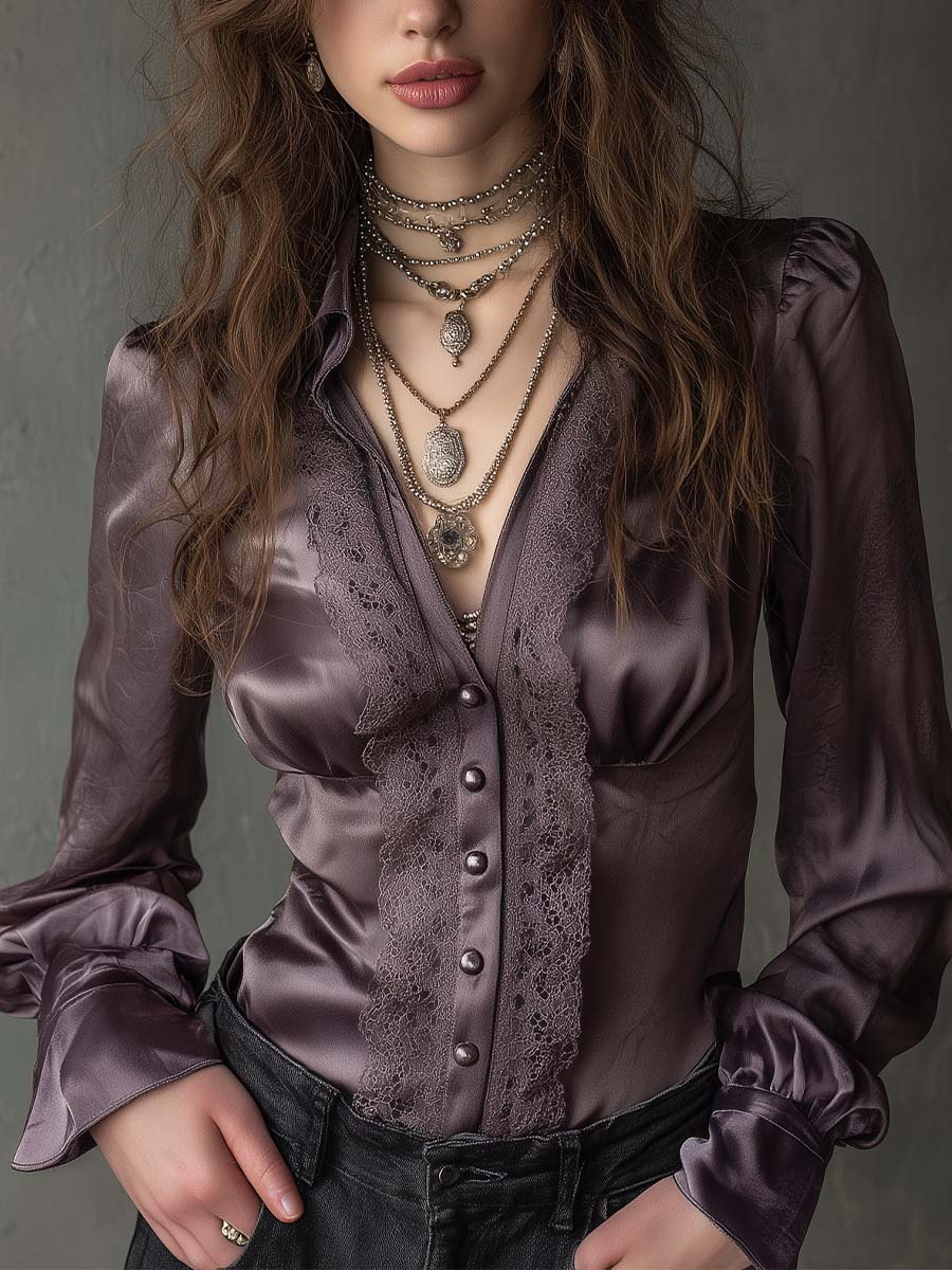 Dusty Plum Lace-Trim Satin Blouse