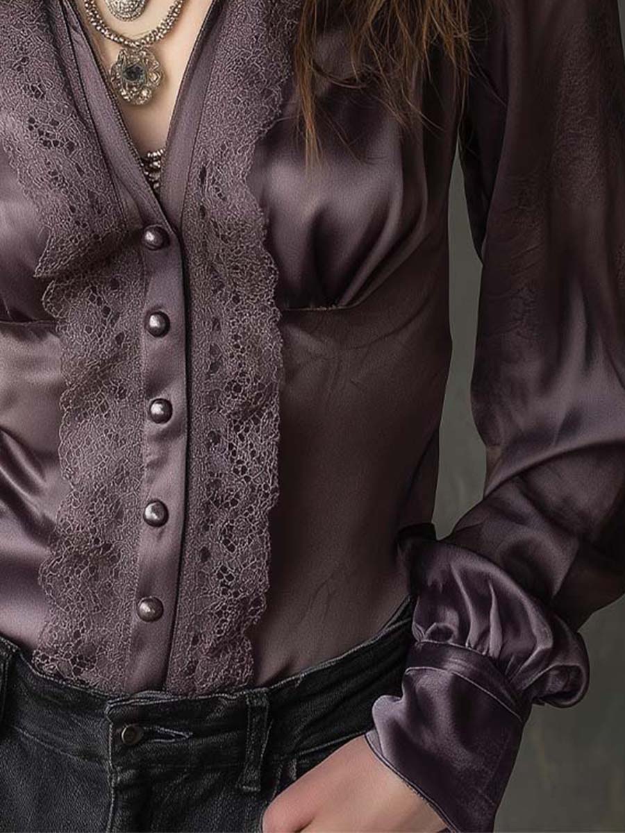 Dusty Plum Lace-Trim Satin Blouse - Image 2