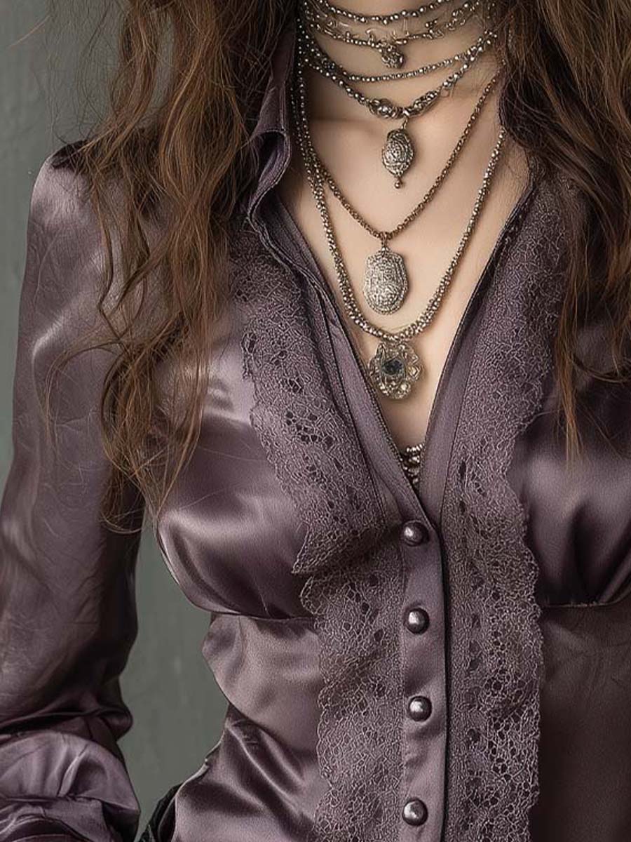 Dusty Plum Lace-Trim Satin Blouse - Image 3