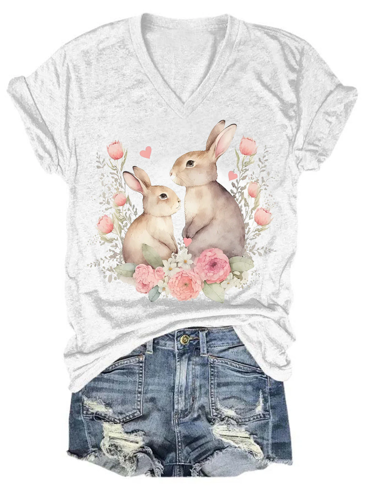 Easter Bunnies Print V Neck T-shirt - Image 3