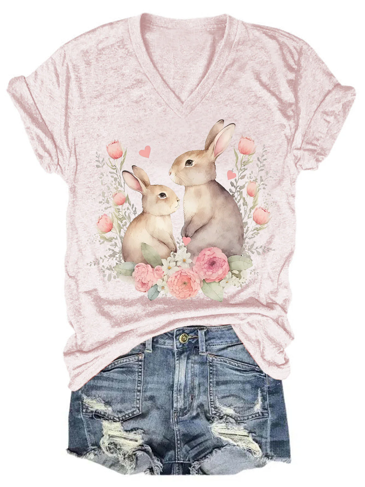 Easter Bunnies Print V Neck T-shirt - Image 4
