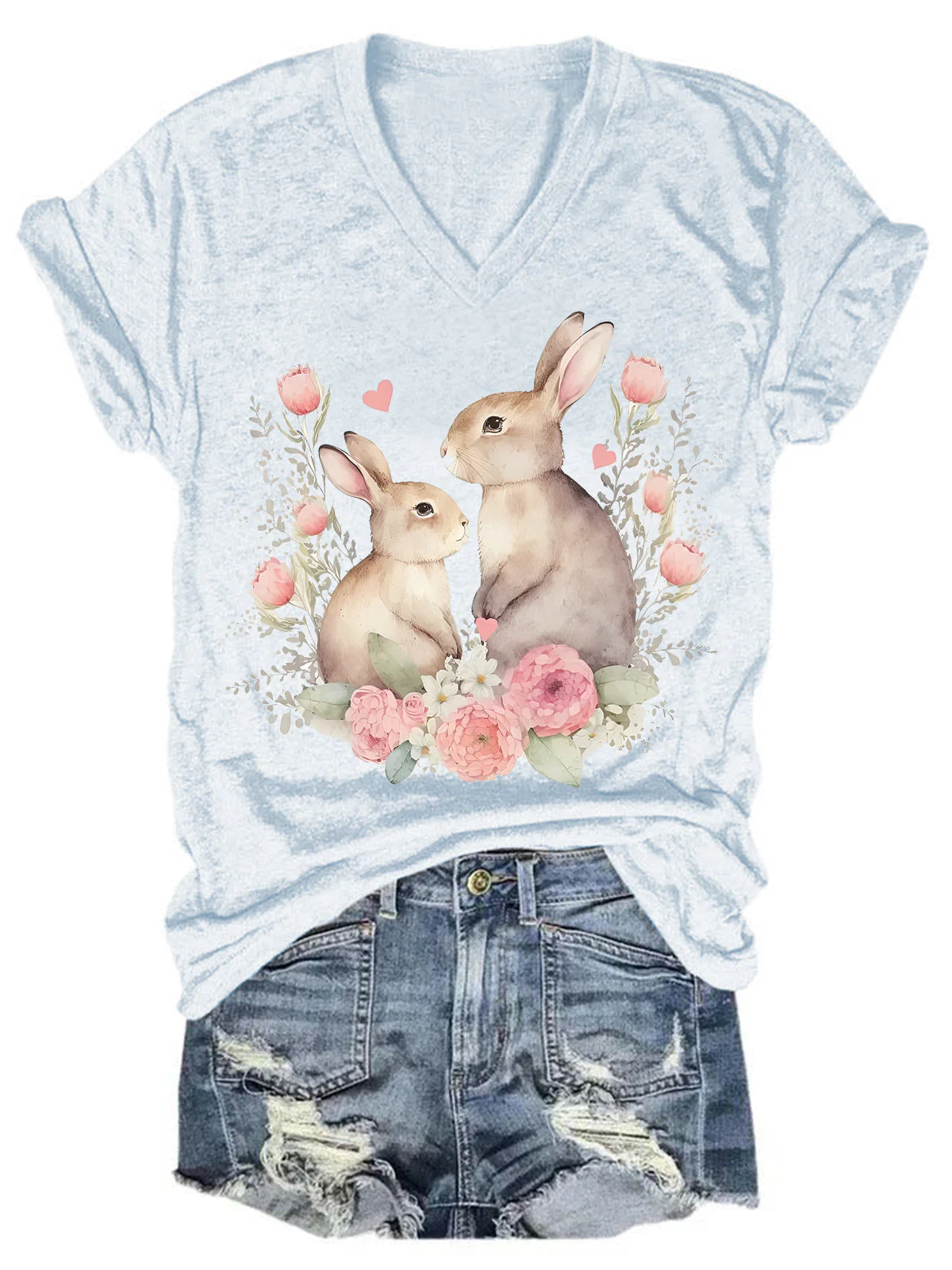 Easter Bunnies Print V Neck T-shirt - Image 5