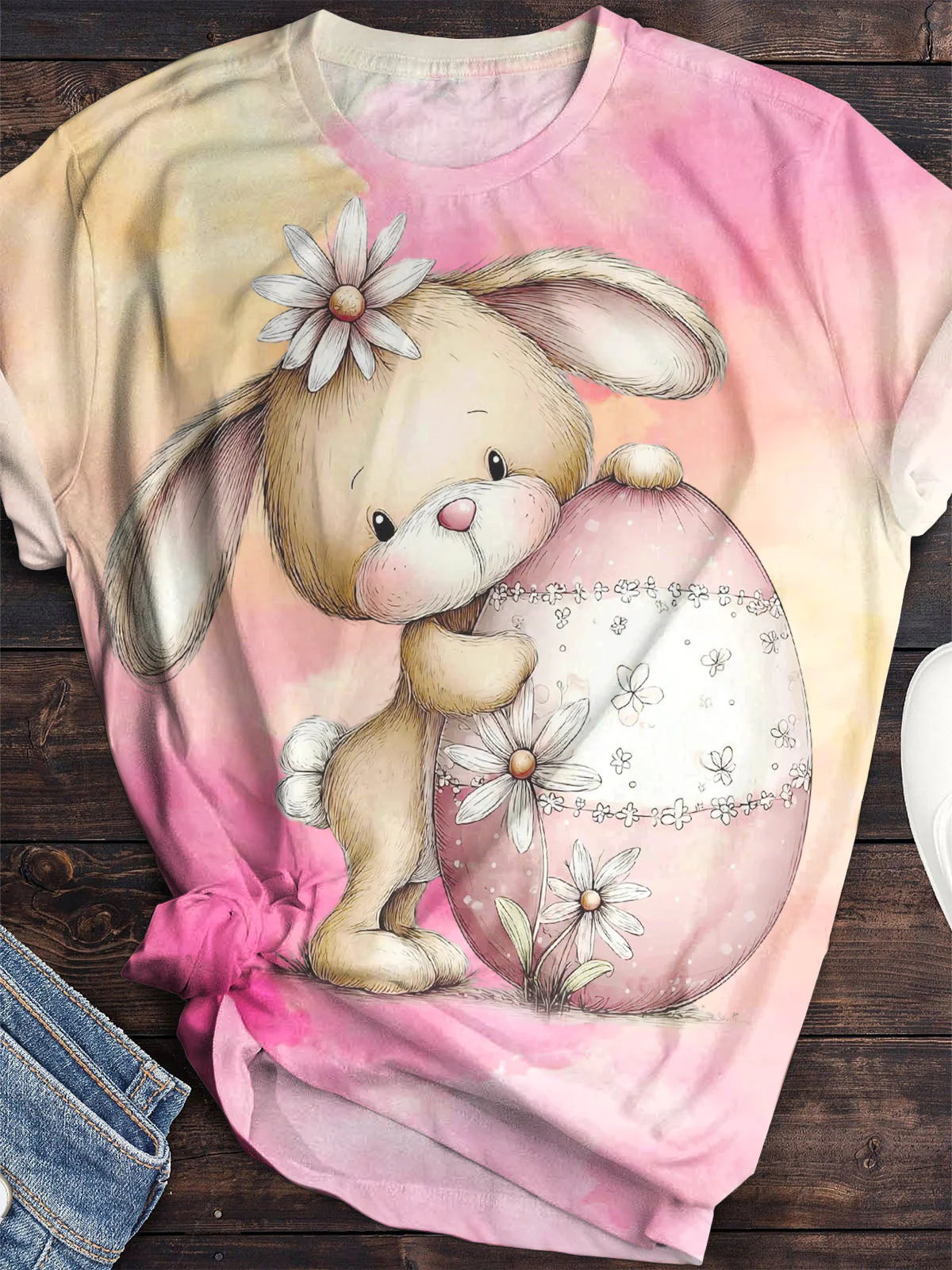 Easter Day Egg Bunny Print Crew Neck T-shirt