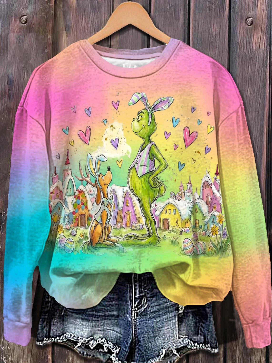 Easter Day Grinch Printed Long Sleeve Casual Top