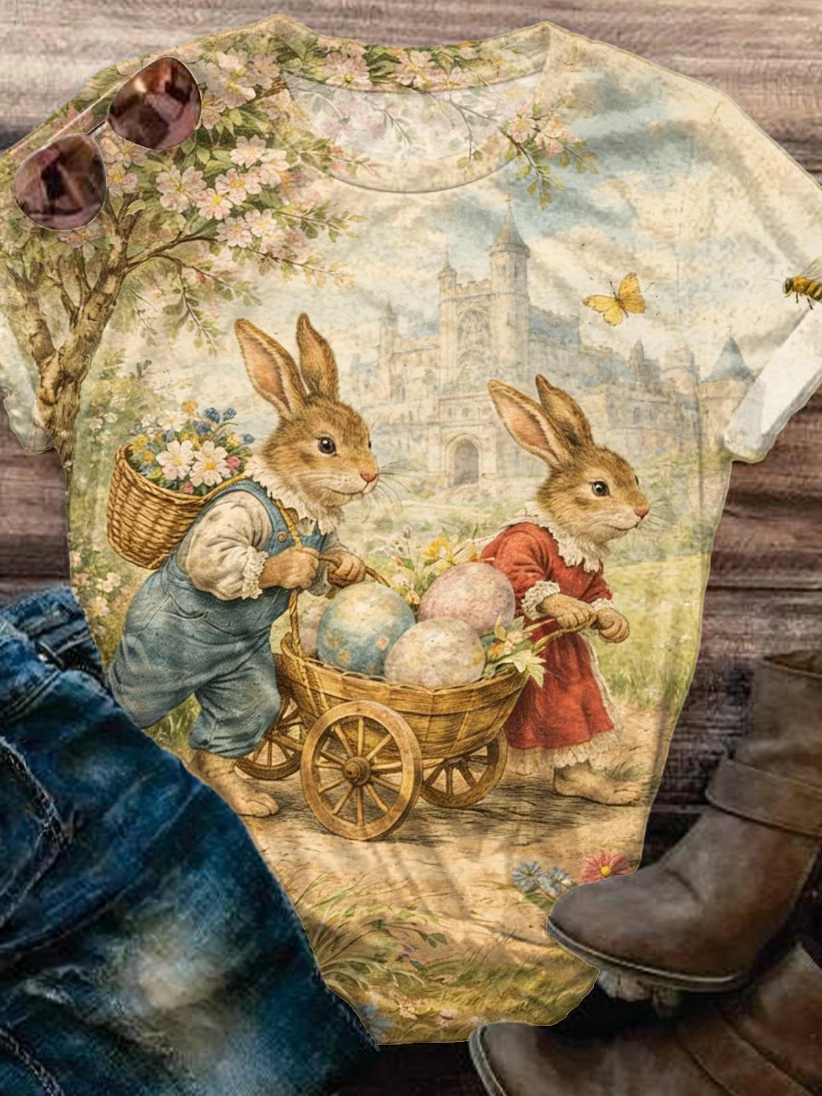 Easter Retro Illustration Crew Neck T-shirt