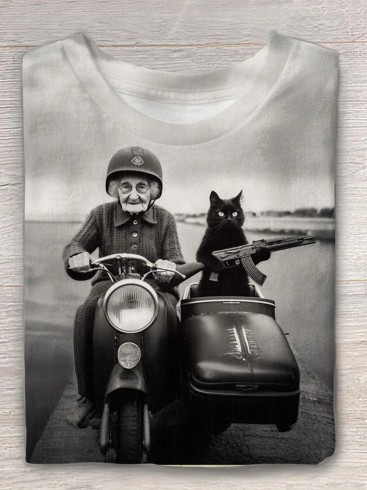 Elderly And Cat Fun Print Crew Neck T-shirt