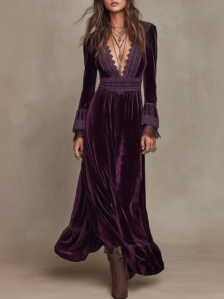 Elegance Boho Velvet Deep-V Lace Bohemian Maxi Dress