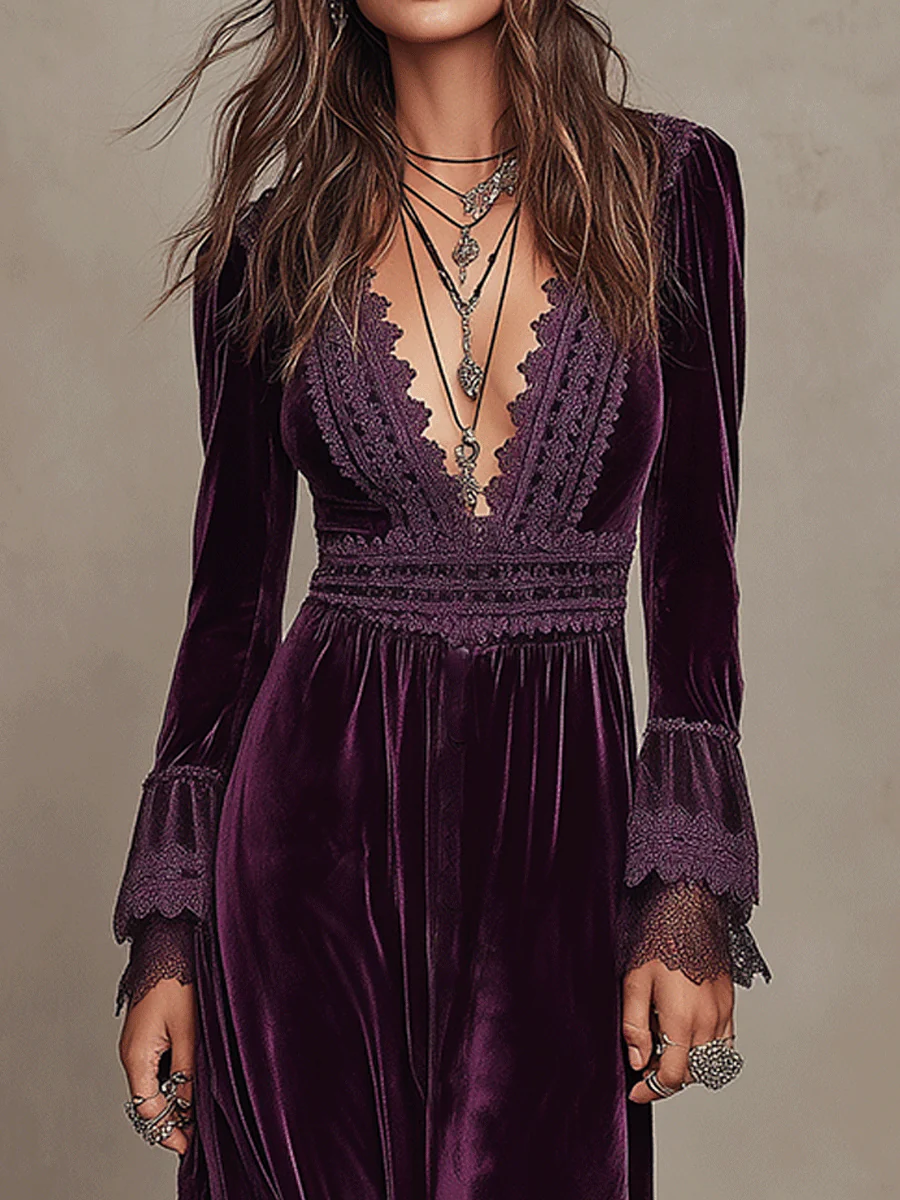 Elegance Boho Velvet Deep-V Lace Bohemian Maxi Dress - Image 2