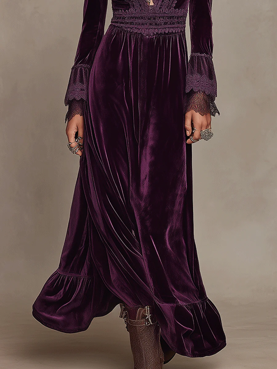 Elegance Boho Velvet Deep-V Lace Bohemian Maxi Dress - Image 3