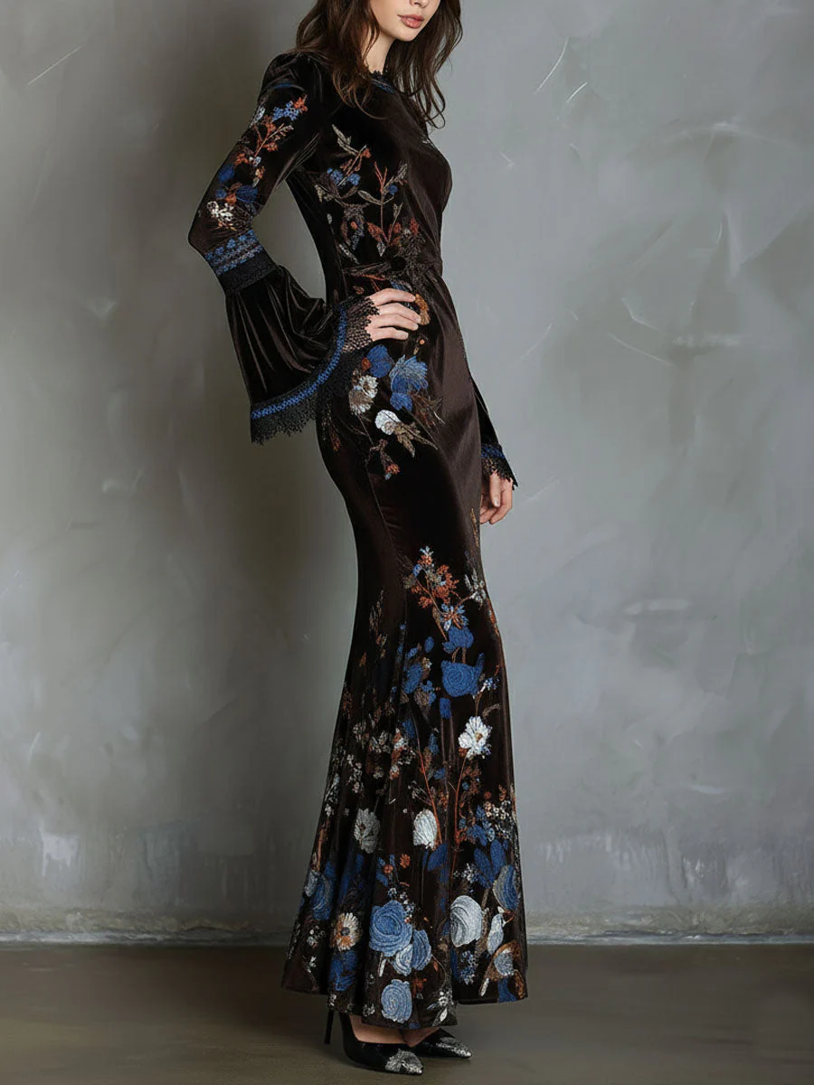 Elegance Midnight Velvet Floral Gown With Lace Trim - Image 3