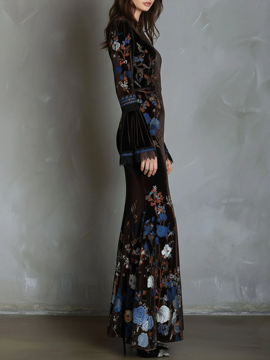 Elegance Midnight Velvet Floral Gown With Lace Trim - Image 4
