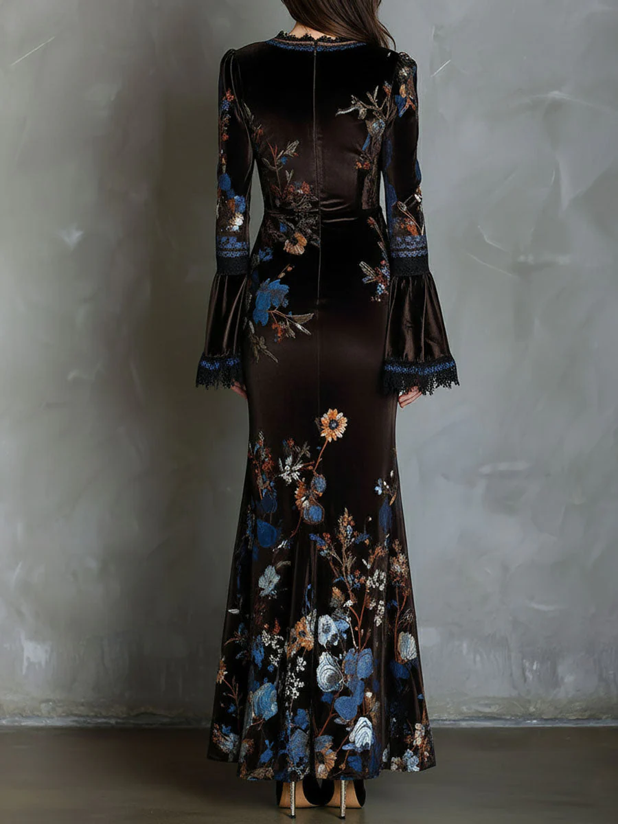 Elegance Midnight Velvet Floral Gown With Lace Trim - Image 5