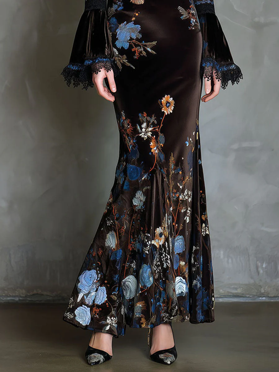 Elegance Midnight Velvet Floral Gown With Lace Trim - Image 6