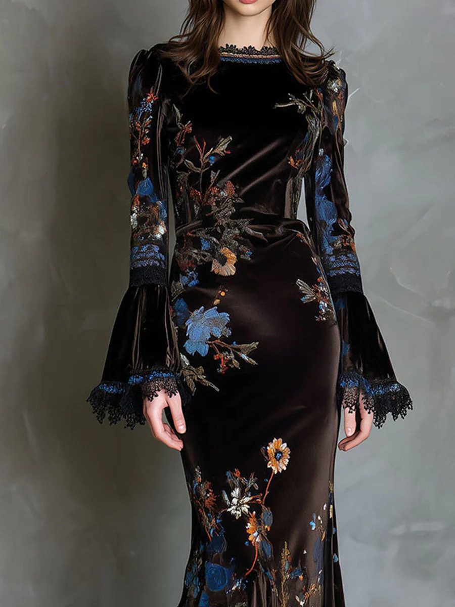 Elegance Midnight Velvet Floral Gown With Lace Trim - Image 7