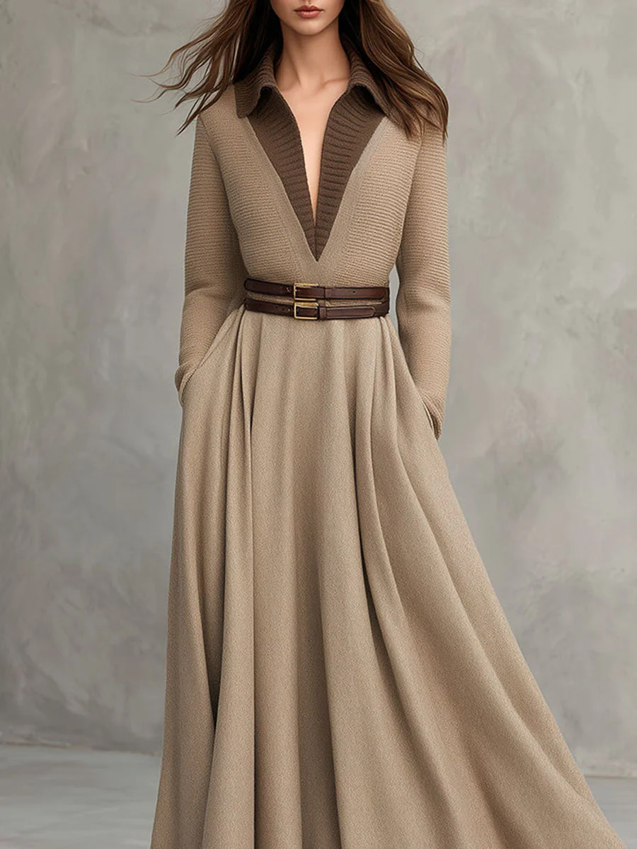 Elegant A-Line Contrast Lapel Long Camel Wool Coat Dress - Image 2