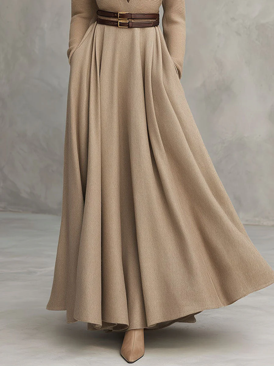 Elegant A-Line Contrast Lapel Long Camel Wool Coat Dress - Image 3