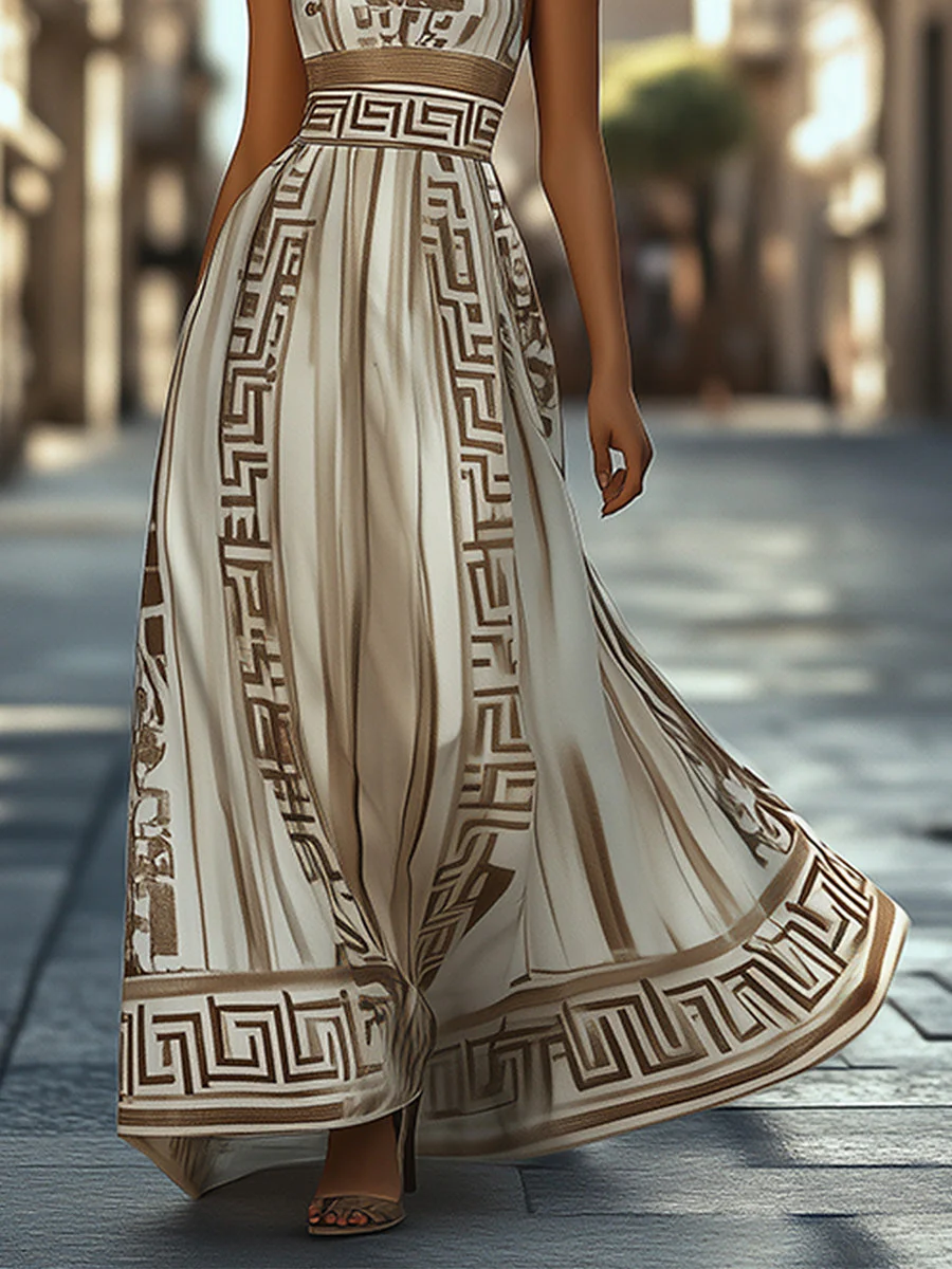 Elegant and Flowing Geometric Pattern Maxi Dress - Image 3