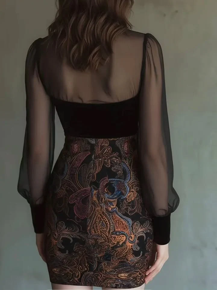 Elegant Black Embroidered Mesh Sleeve Dress - Image 2